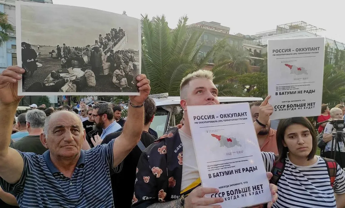 Акция протеста в порту Батуми, куда прибыл круизный лайнер Astoria Grande с российскими туристами. Фото: Telegram
