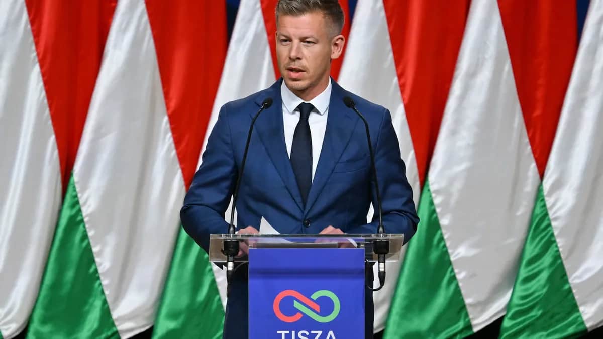 Péter Magyar holds a press conference in Budapest. 13 April 2026. Photo: EPA/TIBOR ILLYES