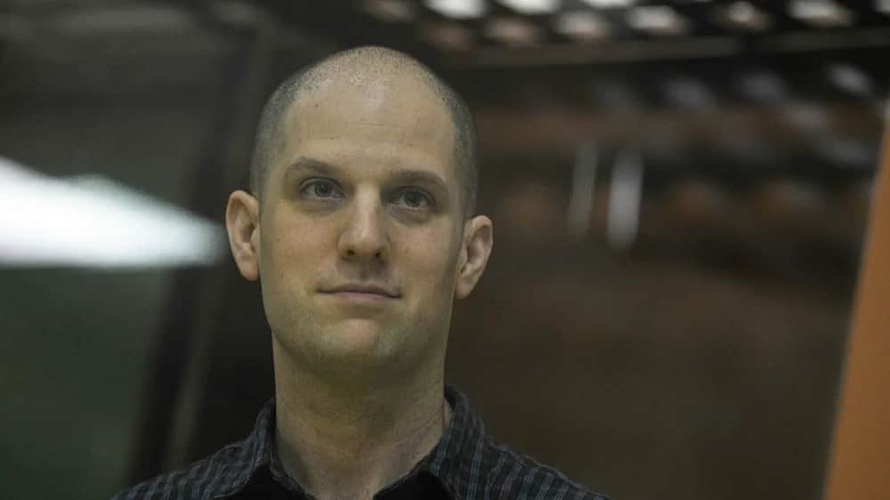 Evan Gershkovich during a court hearing in Yekaterinburg on 26 June. Photo: EPA-EFE/STRINGER