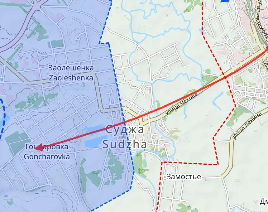 Движение российских войск (красная стрелка) и позиции украинцев (голубой фон). Фото: «Агентство»