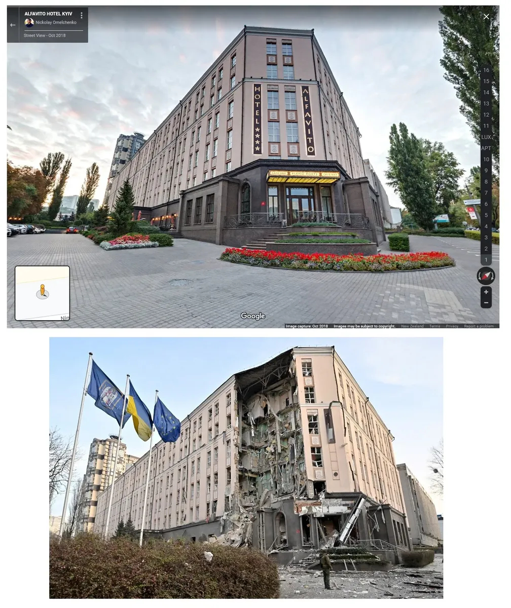 Гостиница Alfavito в Киеве до и после обстрела. Фото: Twitter