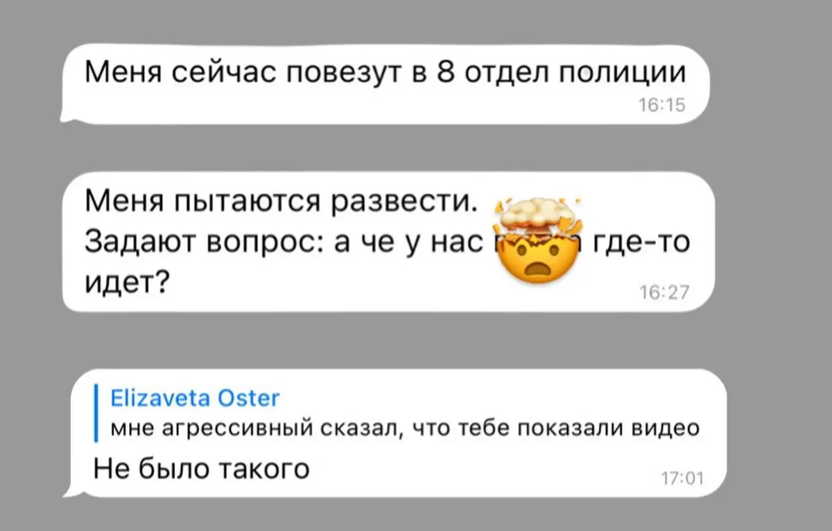 Сообщения, которые Максим Эломбила писал Елизавете Остер из будки полицейских в метро. Фото: Елизавета Остер