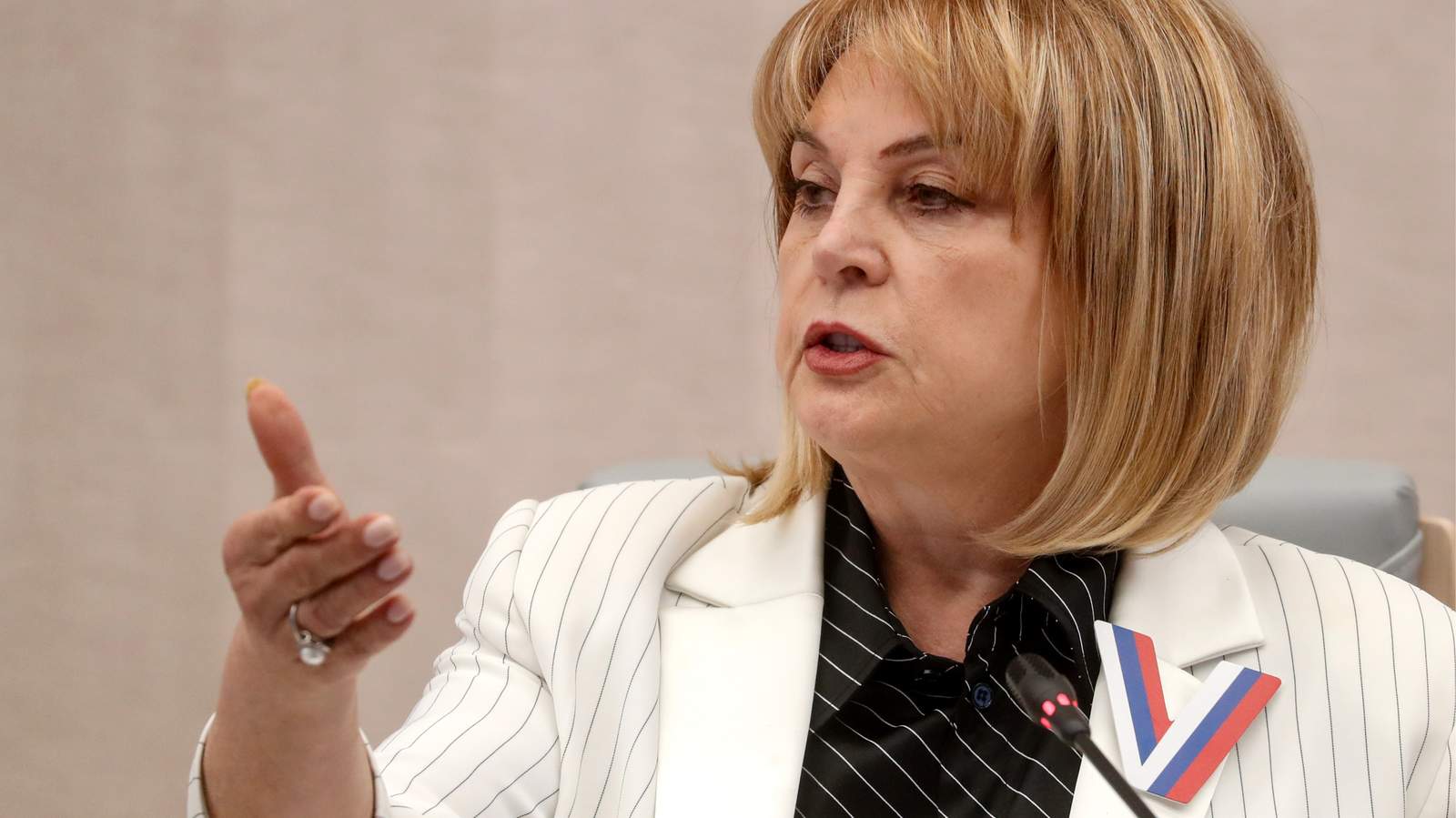 The head of Russia's Central Electoral Commission Ella Pamfilova gives a briefing in Moscow, 18 March 2024. Photo: EPA / MAXIM SHIPENKOV
