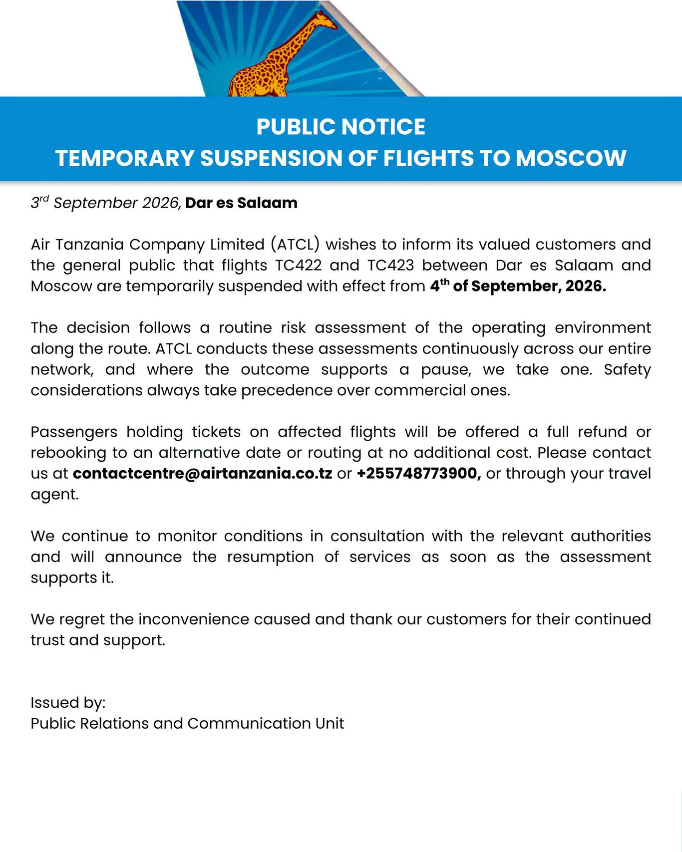 Пресс-релиз авиакомпании Air Tanzania о приостановке полетов в Москву