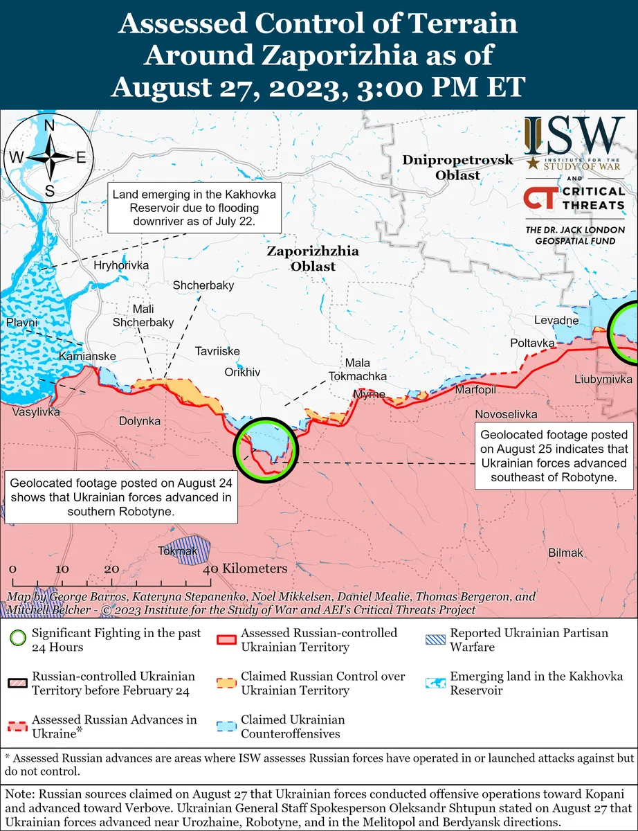 Карта боевых действий в Запорожье 27 августа 2023. Фото: ISW