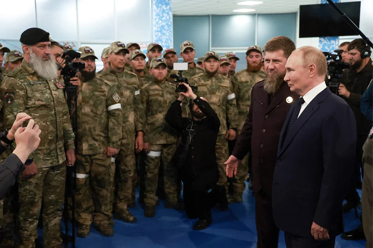Vladimir Putin and Ramzan Kadyrov at the Russian Special Forces University training centre in Gudermes, 20 August 2024. Photo: Vyacheslav Prokofyev / POOL / AFP / Scanpix.