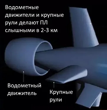 Водомётный движитель с 12 саблевидными лопастями и крупные рули сокращают дальность акустического обнаружения современных АПЛ до 2—3 км на скорости до 40—50 км/ч. Фото: WIkipedia