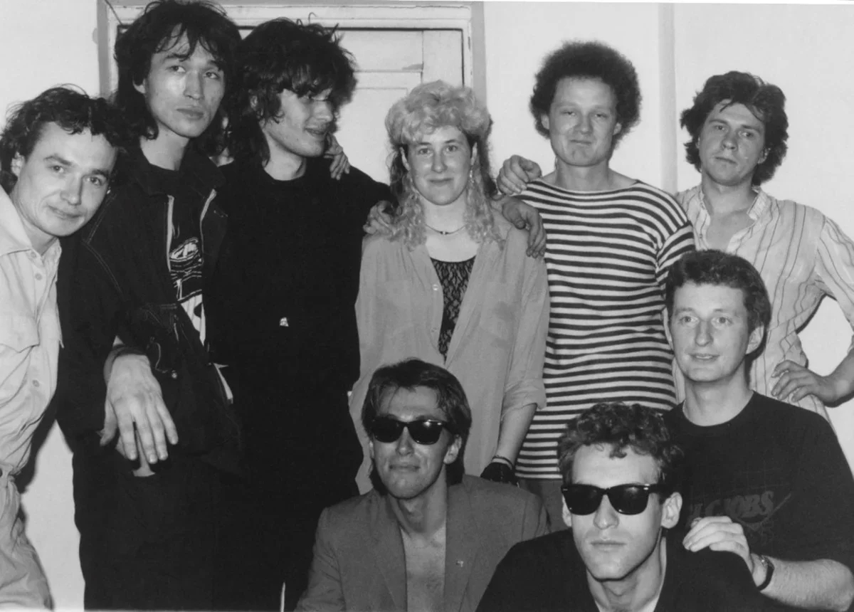 Kino with Joanna Stingray, Sergey Kuryokhin (Akvarium), critic Artemy Troitsky and Billy Bragg in Leningrad, 1986. Photo: Joanna Stingray