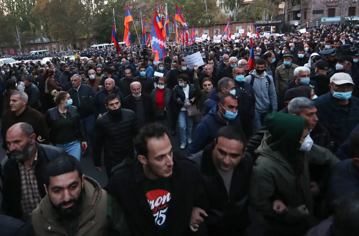 Armenian people attend an opposition rally in Yerevan, Armenia, 12 November 2020. Protesters demanded the resignation of Nikol Pashinyan and his government. Photo: EPA-EFE / VAHRAM BAGHDASARYAN