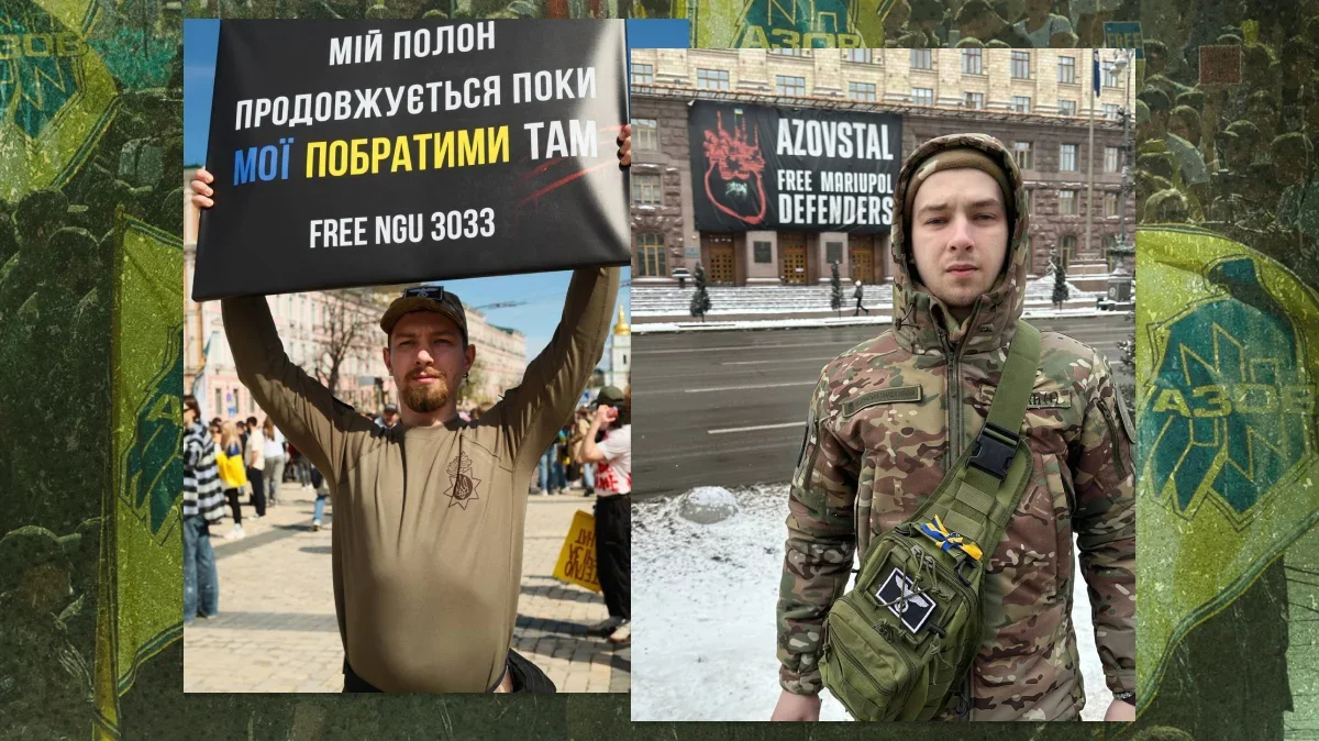 Kulko in Kyiv after his release. “My captivity continues while my brothers are there,” the poster on the left reads.