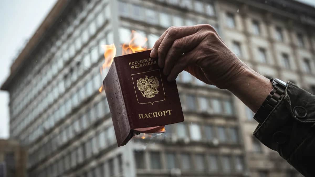 Протестующий сжигает российский паспорт во время акции против вторжения России в Украину, Белград, 6 марта 2022 года. Фото: Andrej Isakovic / AFP / Scanpix / LETA