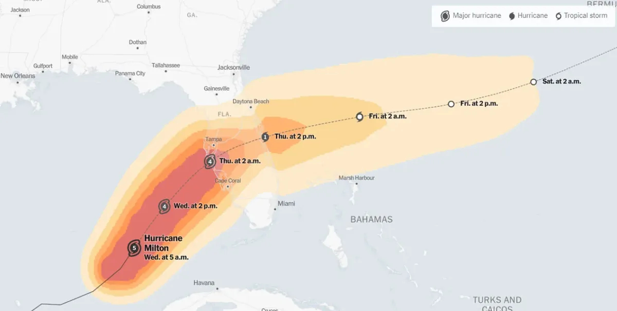 Прогнозируемая траектория движения урагана. Скриншот: NYT