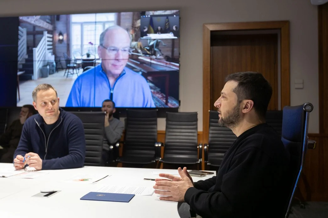 A video conference president of Ukraine Volodymyr Zelenskyy with Larry Fink, CEO of one of the world's leading investment managers, BlackRock. Photo by President of Ukraine website
