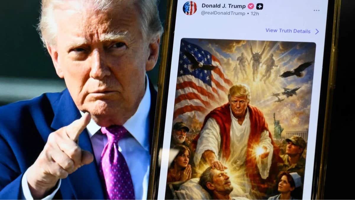 Дональд Трамп и его изображение в образе Иисуса, сгенерированное искусственным интеллектом, 13 апреля 2026 года. Фото: @realDonaldTrump / Truth Social; Mandel Ngan / AFP / Scanpix / LETA