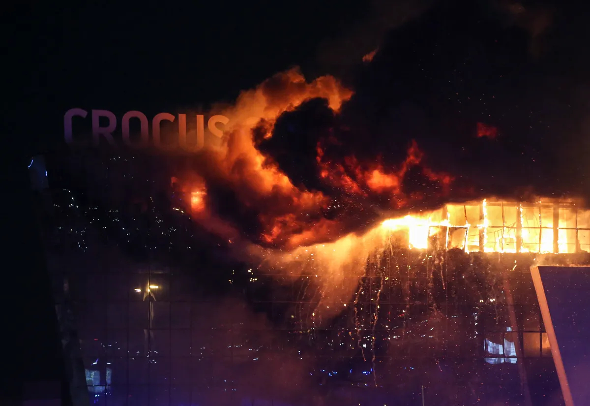 Fire rises from Moscow’s Crocus City Hall concert venue on 22 March 2024. Photo: EPA-EFE / VASILY PRUDNIKOV