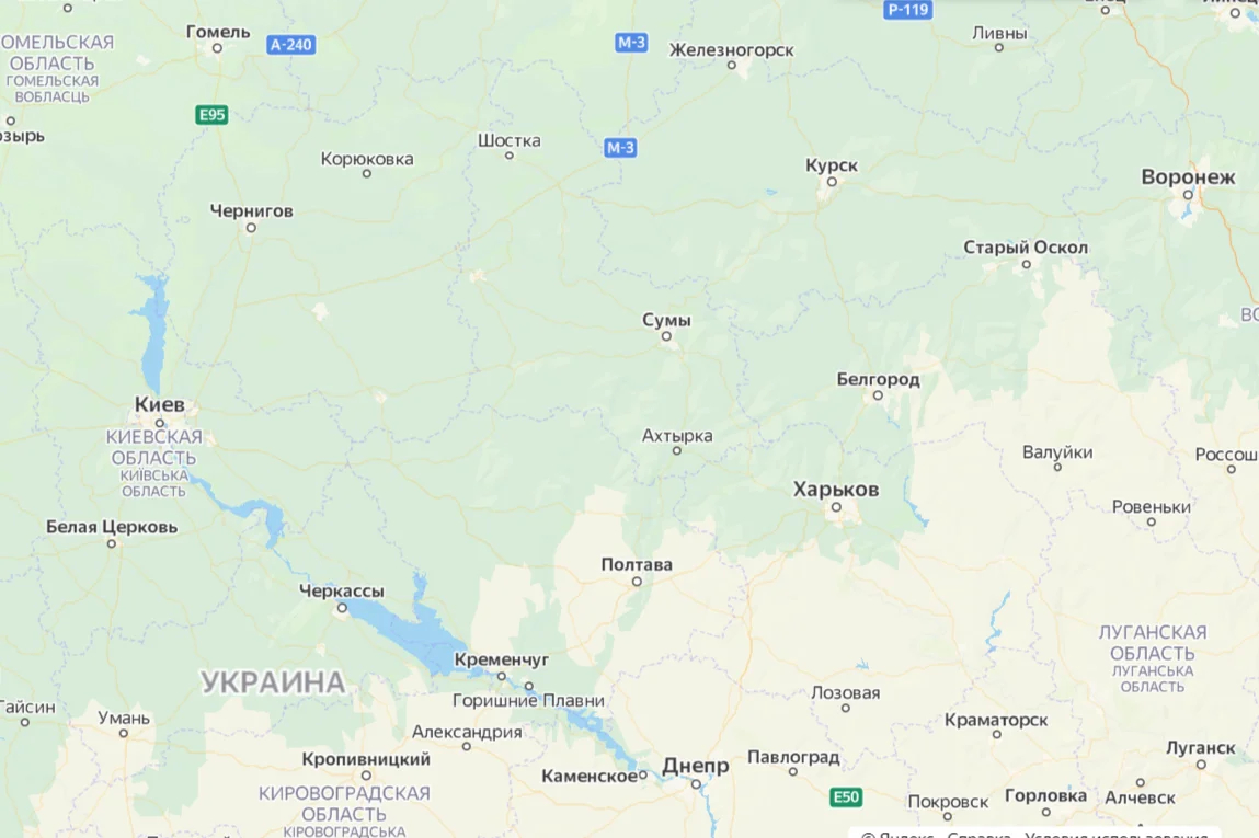 Место, где должны быть показаны границы между Россией, Украиной и Беларусью. Скрин: «Яндекс.Карты»