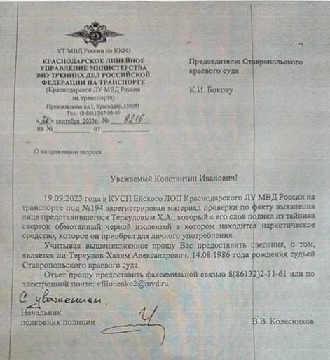 Запрос о проверке должности задержанного Теркулова. Фото: SHOT