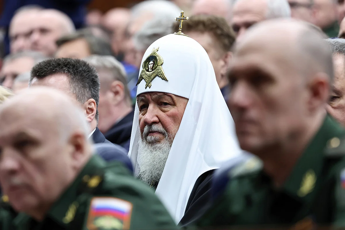 Патриарх Кирилл на заседании коллегии Министерства обороны в Национальном центре управления обороной в Москве, Россия, 16 декабря 2024 года. Фото: Александр Казаков / EPA