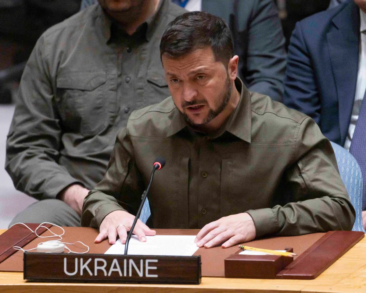 Президент Украины Владимир Зеленский выступает на Генеральной ассамблее ООН, 20 сентября 2023 года. Фото: EPA-EFE / JUSTIN LANE