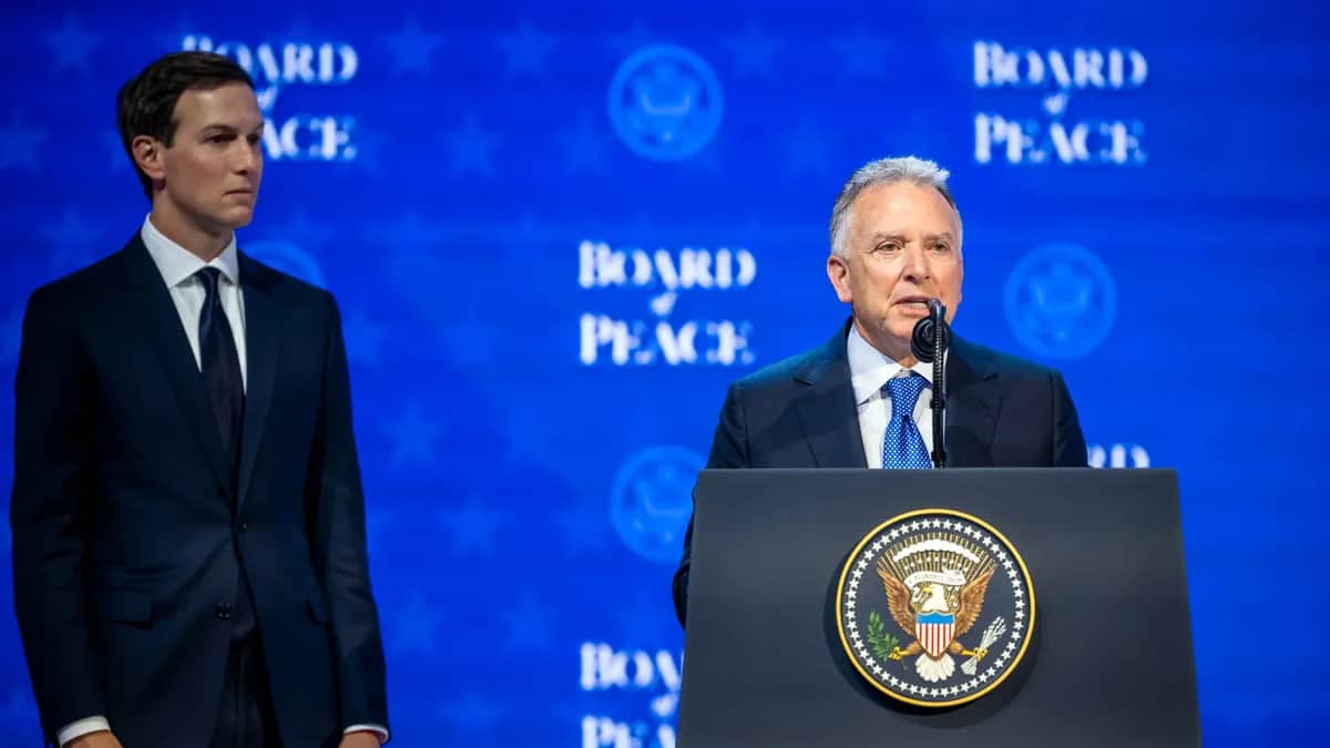 US Mideast envoy Steve Witkoff (R) speaks next to Jared Kushner (L) after the signing of the founding charter at the Board of Peace in Davos, Switzerland, 22 January 2026. Photo: EPA / GIAN EHRENZELLER