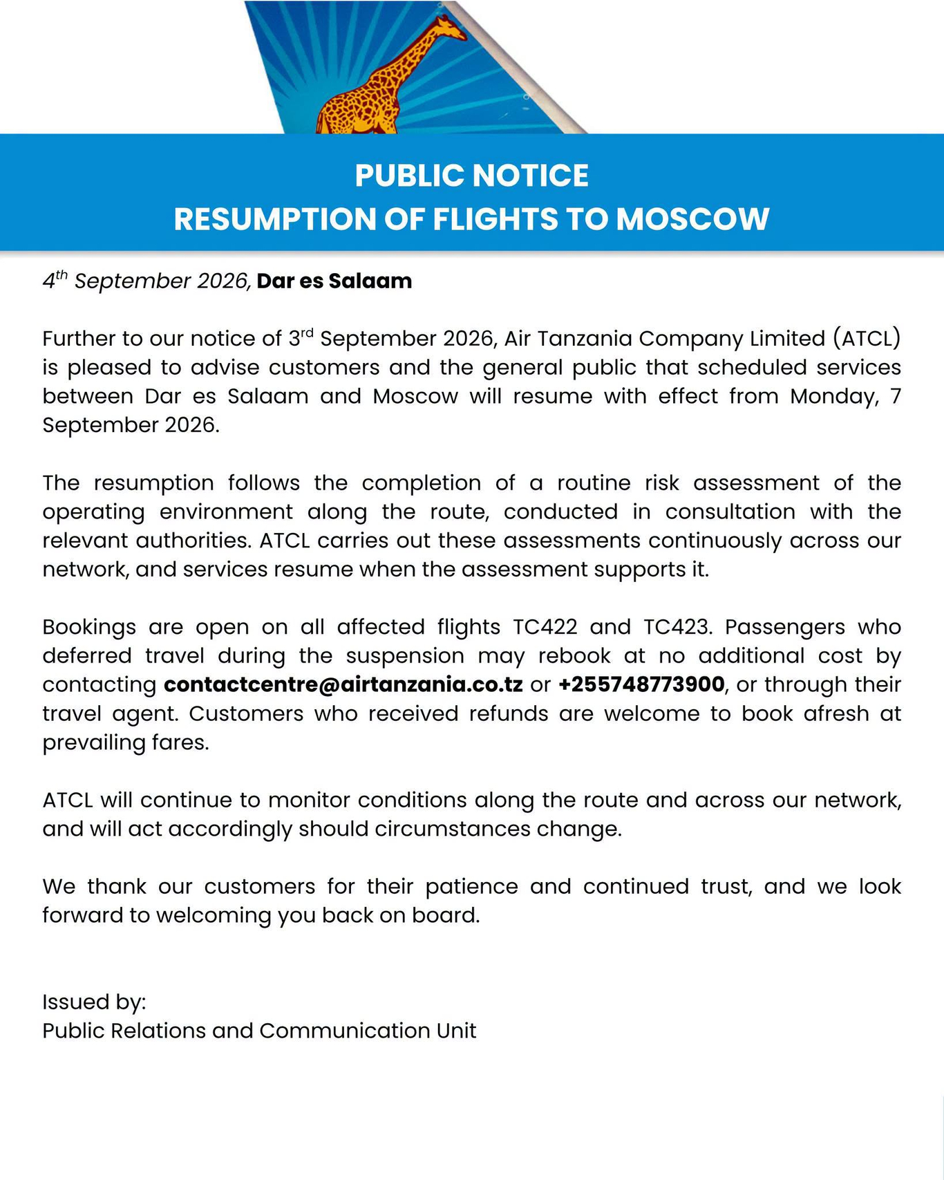 Пресс-релиз авиакомпании Air Tanzania о возобновлении полетов в Москву