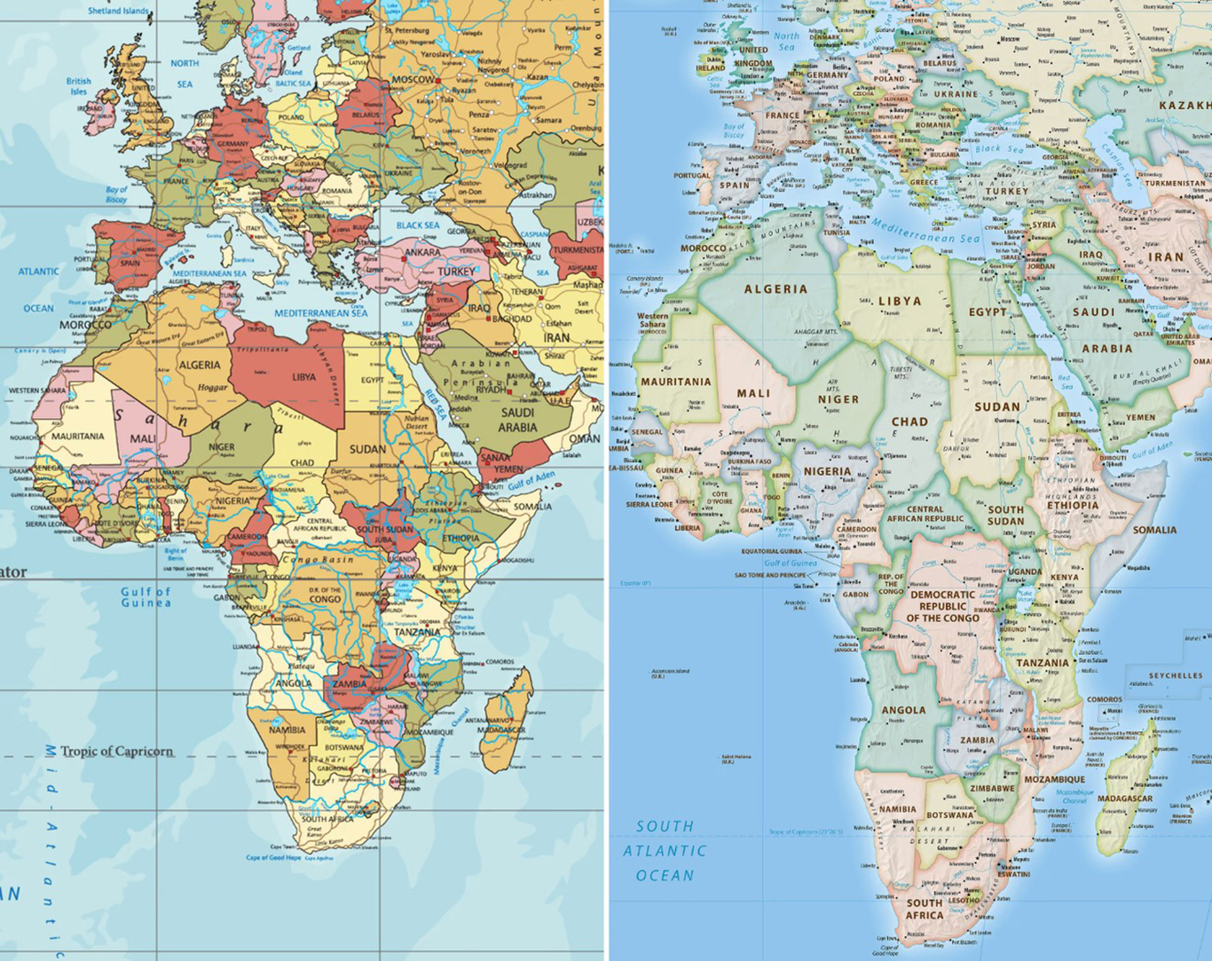 Отображение регионов в проекции Меркатора и Equal Earth. Фото: theguardian.com